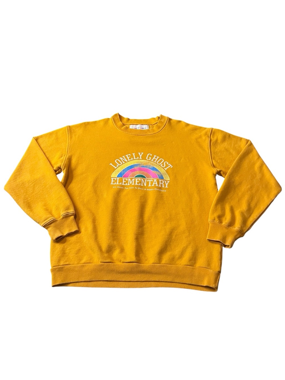 LONELY GHOST Elementary Mustard Orange Crewneck Sweatshirt with Rainbow Graphic